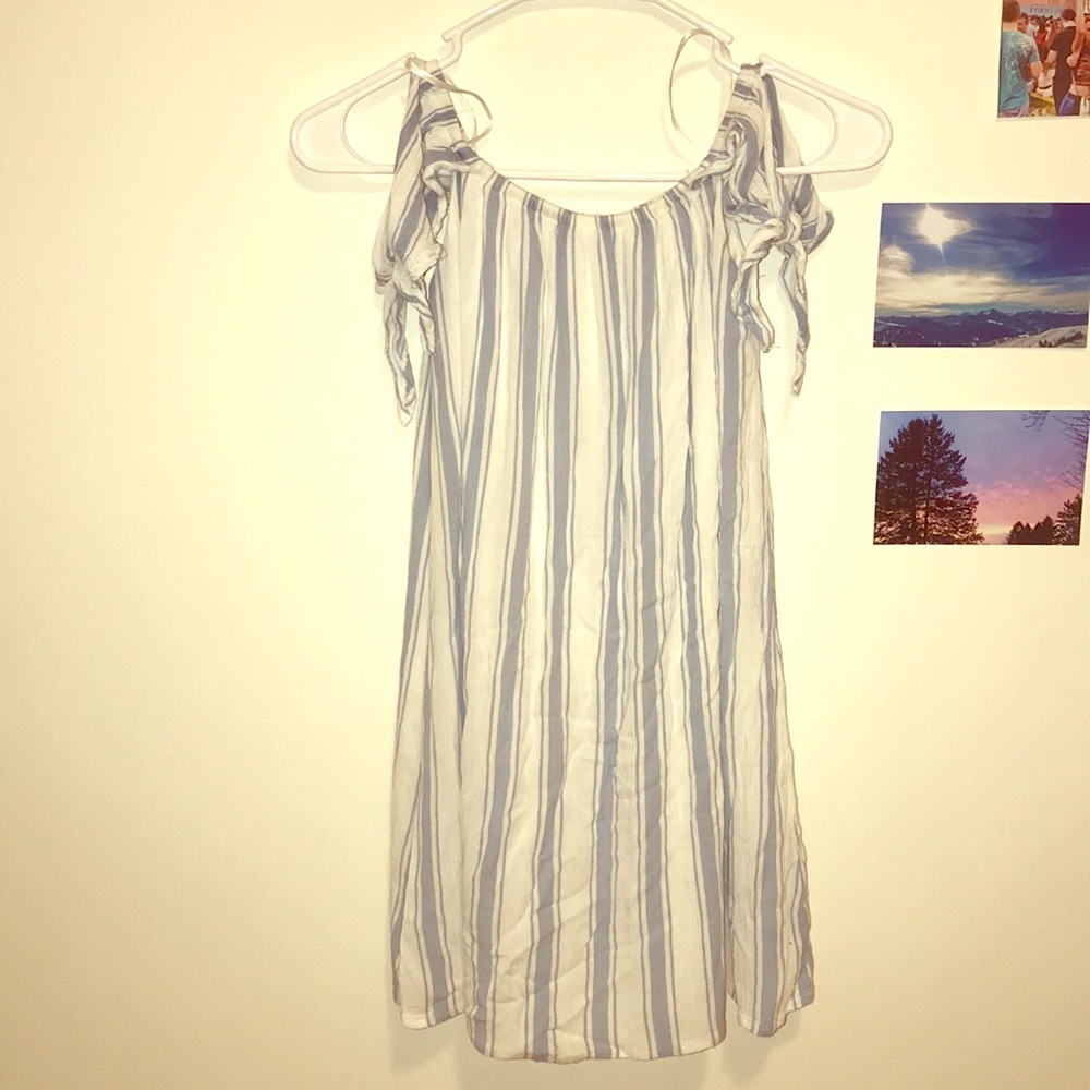 Blue & white striped off the shoulder shift dress